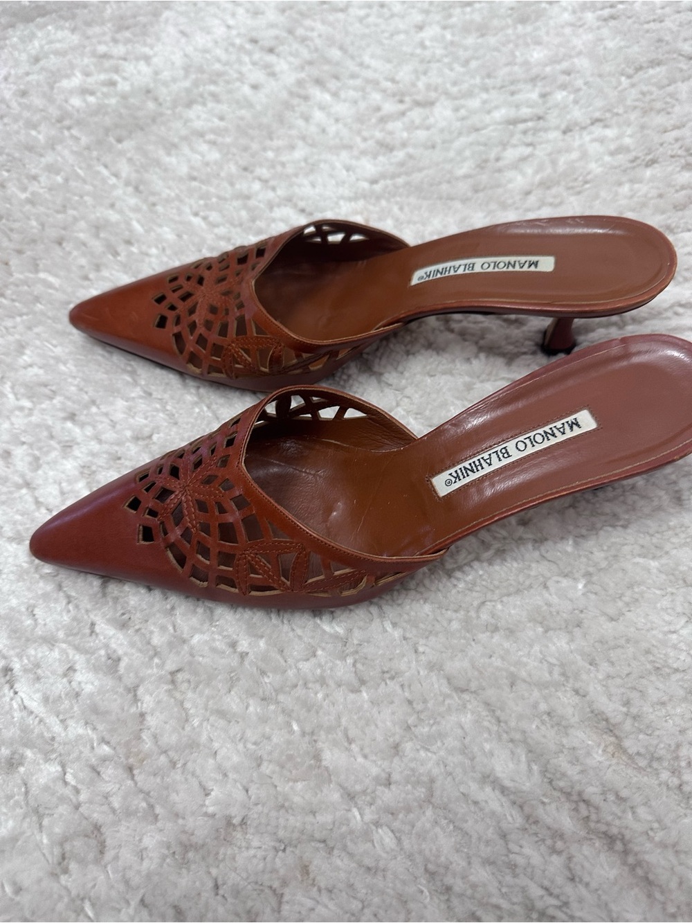Manolo Blahnik Tan Brown Laser-Cut Leather Mules